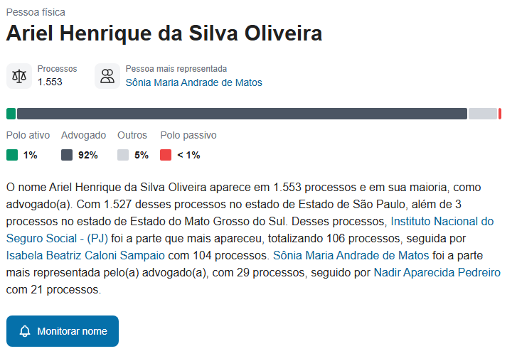 Histórico de processos no Escavador